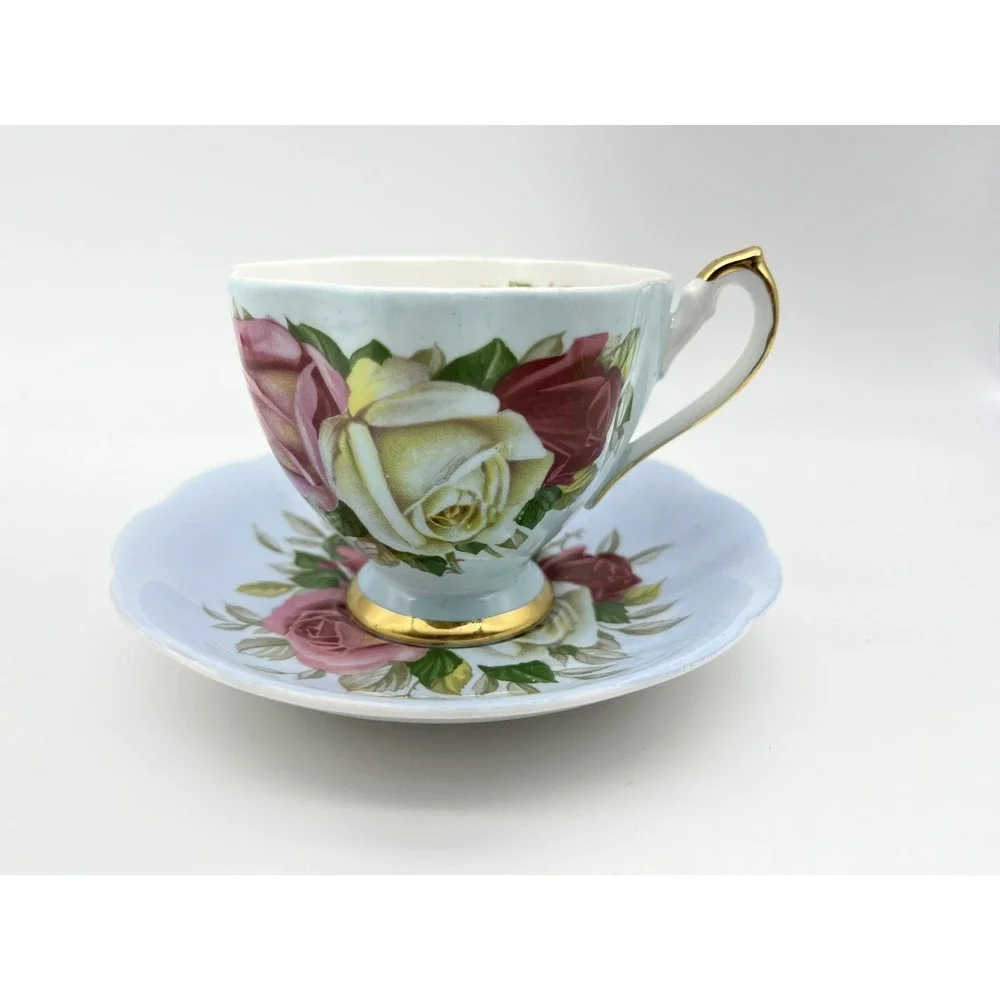 Vintage Queen ANNE Blue CABBAGE ROSE Cup & Saucer Set of 2